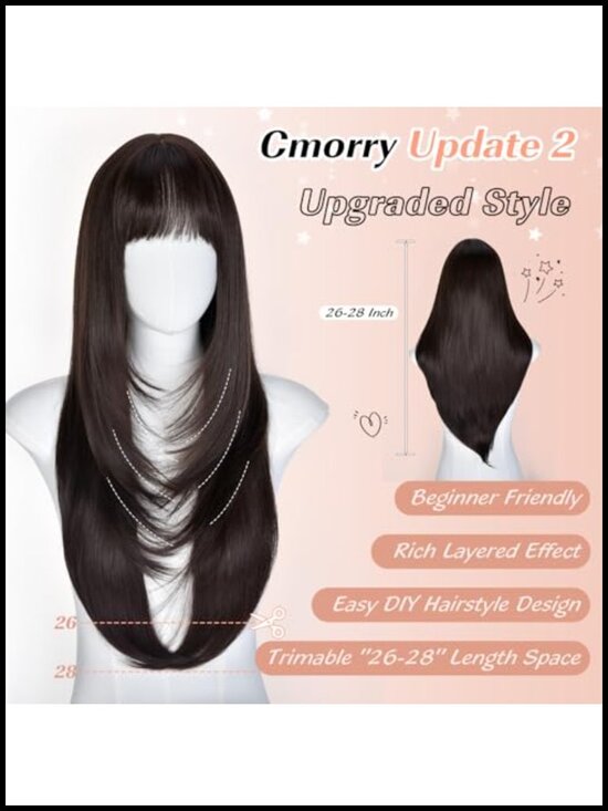 Layered Wig with Bangs for Women, 26 Inch Long Synthetic Hair, Glueless main image 5
